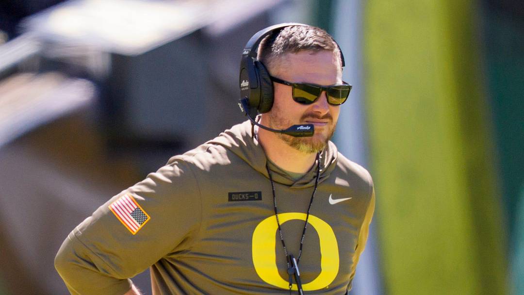 Oregon head coach Dan Lanning looks on during the Oregon Ducks annual spring game on April 25, 2026 at Autzen Stadium in Eugene, Oregon. Oregon head coach Dan Lanning looks on during the Oregon Ducks annual spring game on April 25, 2026 at Autzen Stadium in Eugene, Oregon.