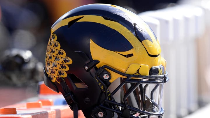 Oct 12, 2019; Champaign, IL, USA; A Michigan Wolverines helmet sits on the back of the bench during the second half of the game against the Illinois Fighting Illini at Memorial Stadium. Mandatory Credit: Michael Allio-USA TODAY Sports