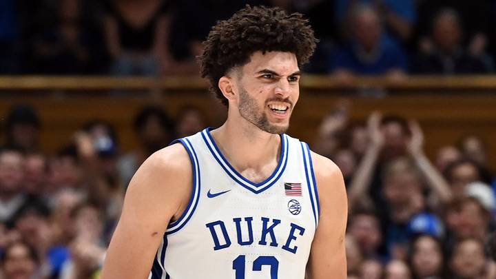 Jan 10, 2026; Durham, North Carolina, USA; Duke Blue Devils forward Cameron Boozer (12) reacts during the second half against the Southern Methodist Mustangs at Cameron Indoor Stadium. Mandatory Credit: Rob Kinnan-Imagn Images
