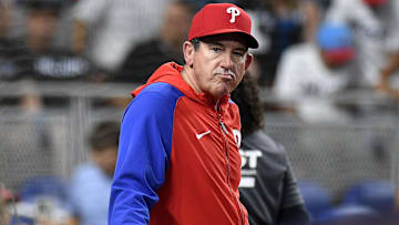 Philadelphia Phillies manager Rob Thomson (59) waits for his team to exit the field after beating the Miami Marlins at loanDepot Park.