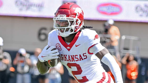 Arkansas Razorbacks wide receiver Andrew Armstrong running after making a catch against Oklahoma State.