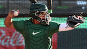 Daytona Tortugas catcher Alfredo Duno (16) throws to second base during practice, Thursday, April 4, 2024, at Jackie Robinson Ballpark.