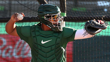 Daytona Tortugas catcher Alfredo Duno (16) throws to second base during practice, Thursday, April 4, 2024, at Jackie Robinson Ballpark.