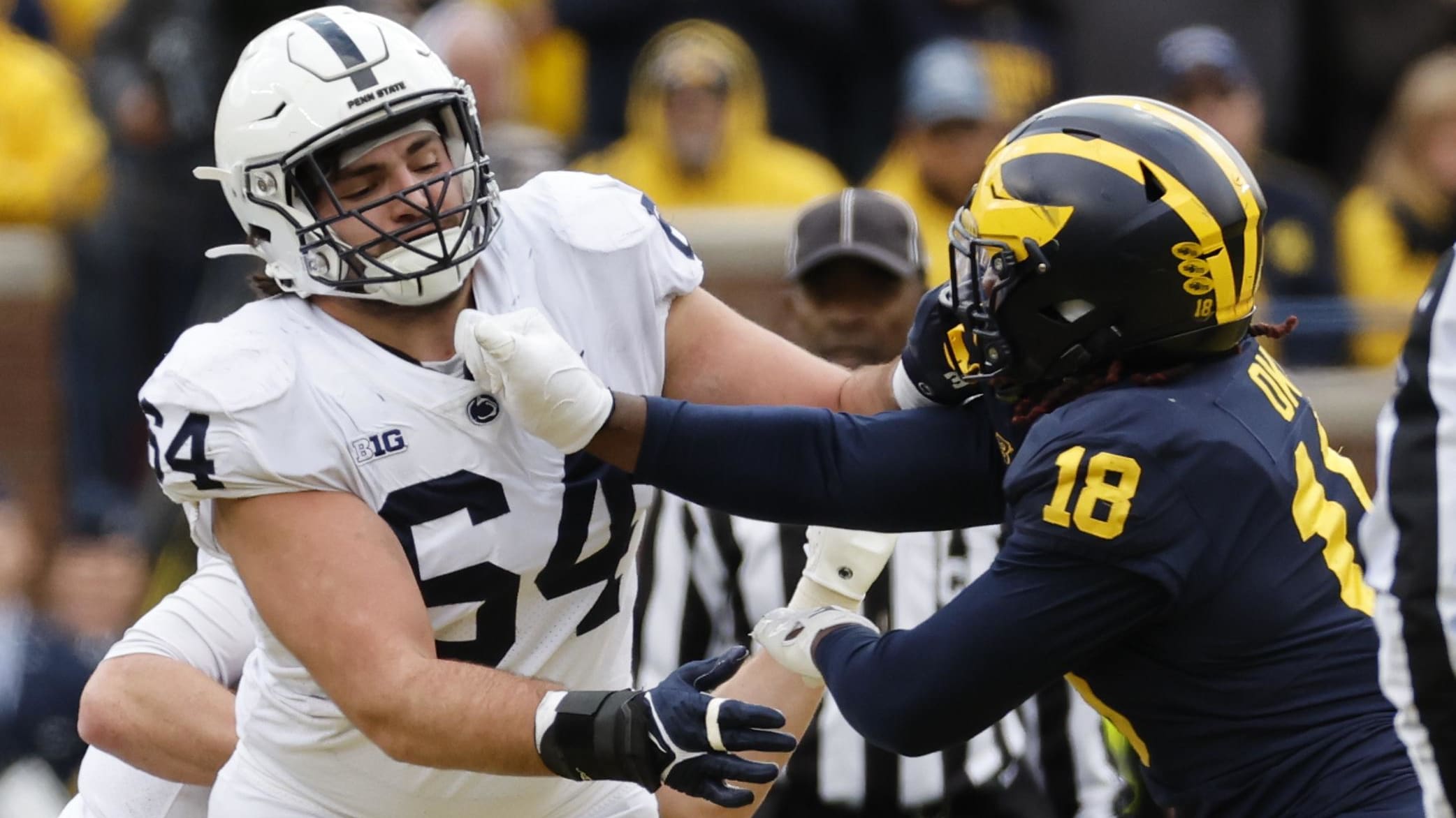 Oct 15, 2022; Ann Arbor, Michigan, USA; Penn State Nittany Lions offensive lineman Hunter Nourzad (64) blocks Michigan Wolver