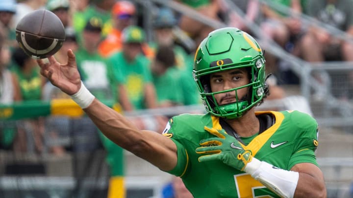 In two games Dante Moore has thrown for 479 yards and six touchdowns without putting a single pass in harm's way. He's connected on 76 percent of his throws while displaying a beautiful touch downfield. 