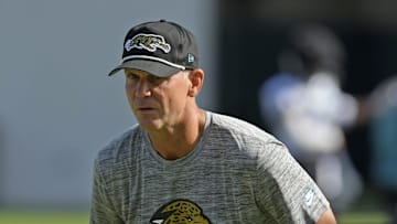 Jaguars general manager Trent Baalke watches drills during the fourth day of the NFL football training camp practice session Saturday, July 27, 2024 at EverBank Stadium's Miller Electric Center in Jacksonville, Fla. 