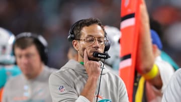Oct 30, 2025; Miami Gardens, Florida, USA; Miami Dolphins head coach Mike McDaniel stands on the sidelines during the second quarter against the Baltimore Ravens at Hard Rock Stadium. Mandatory Credit: Sam Navarro-Imagn Images