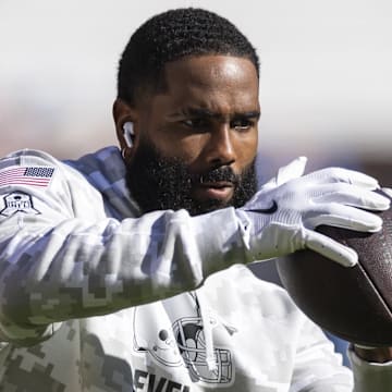 Nov 3, 2024; Cleveland, Ohio, USA; Cleveland Browns wide receiver Elijah Moore (8) catches the ball during warm ups before the game against the Los Angeles Chargers at Huntington Bank Field. Mandatory Credit: Scott Galvin-Imagn Images
