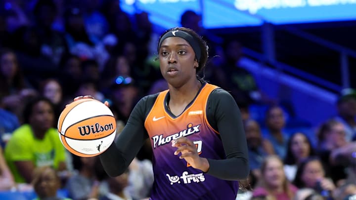 Jul 3, 2025; Arlington, Texas, USA; Phoenix Mercury guard Kahleah Copper (2) dribbles against the Dallas Wings during the second half at College Park Center. Mandatory Credit: Kevin Jairaj-Imagn Images