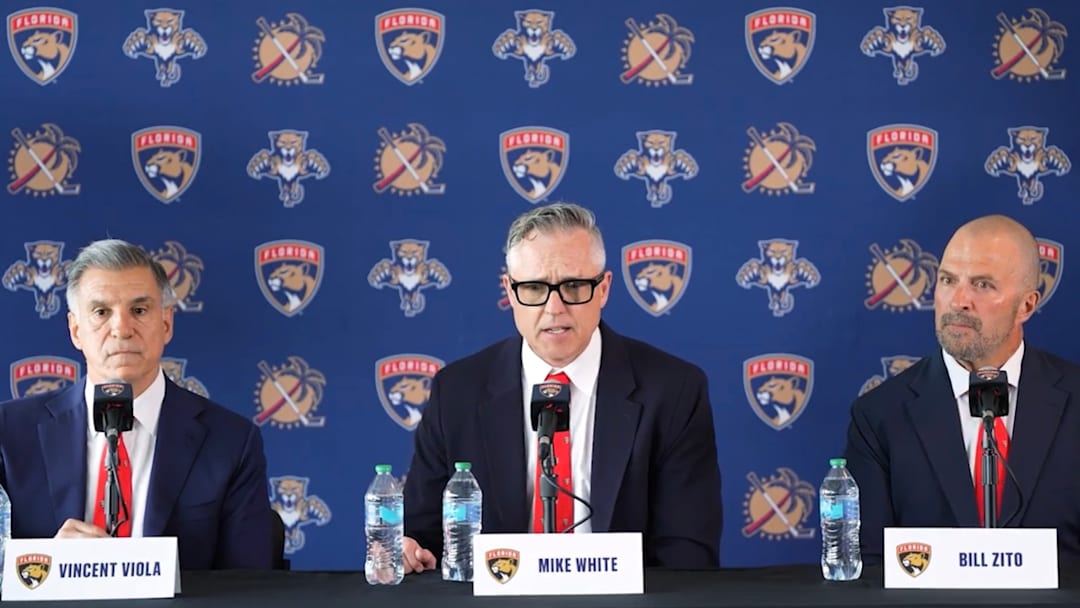 Panthers Owner Vincent Viola, President of Business Operations Michael White, and General Manger and President of Hockey Operations Bill Zito address the media for White’s introductory press conference on Tuesday, March 31 (Courtesy of Dave Courtney/Florida Panthers)
