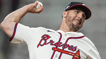 Atlanta Braves relief pitcher Kevin Herget (57) pitches against the Los Angeles Angels during the ninth inning at Truist Park.
