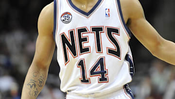 Apr 6, 2012; Newark, NJ, USA;  New Jersey Nets forward Gerald Green (14) dribbles against the Washington Wizards during the first half at  the Prudential Center.  Mandatory Credit: Joe Camporeale-Imagn Images