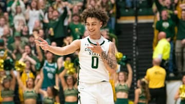 Colorado State's Kyan Evans celebrates a shot during a men's basketball game against Wyoming at Moby Arena on Saturday, February 15, 2025 in Fort Collins, Colo.