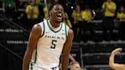 Oregon guard TJ Bamba celebrates as the game winds down as the Oregon Ducks host the Indiana Hoosiers Tuesday, March 4, 2025, at Matthew Knight Arena in Eugene, Ore.