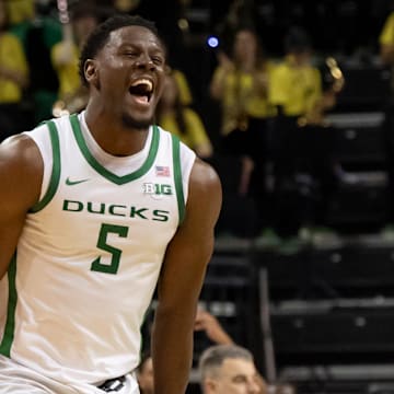Oregon guard TJ Bamba celebrates as the game winds down as the Oregon Ducks host the Indiana Hoosiers Tuesday, March 4, 2025, at Matthew Knight Arena in Eugene, Ore.