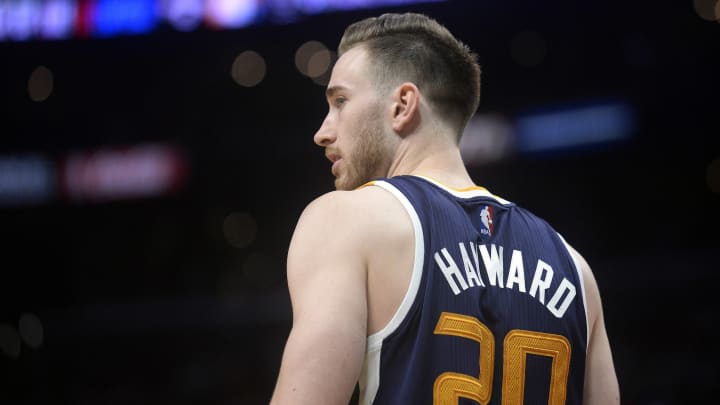 April 18, 2017; Los Angeles, CA, USA; Utah Jazz forward Gordon Hayward (20) during a stoppage in play against the Los Angeles Clippers in the second half in game two of the first round of the 2017 NBA Playoffs at Staples Center.