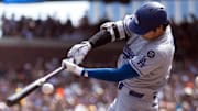 Dodgers designated hitter Shohei Ohtani (17) swings and misses for strike three against the San Francisco Giants during the second inning at Oracle Park on Sept. 14.