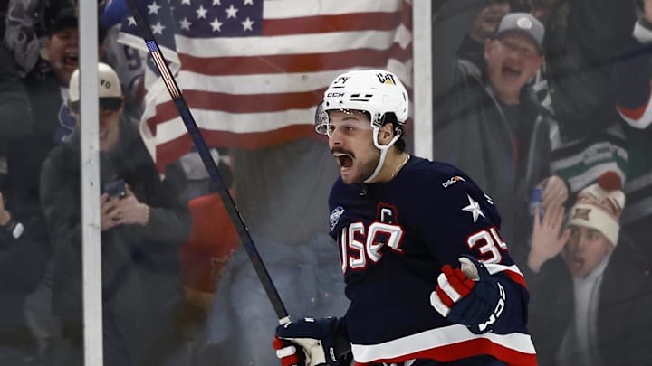 United States forward Auston Matthews celebrates a goal against Canada during the 4 Nations Face-Off 