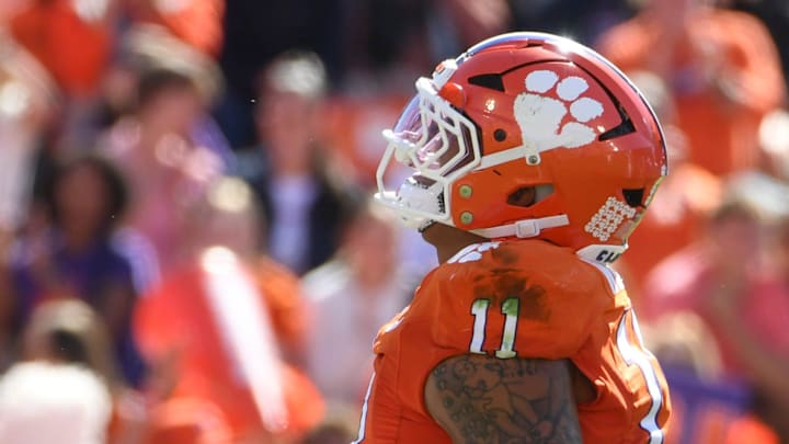Clemson Tigers defensive tackle Peter Woods (11) celebrates after sacking Duke Blue Devils quarterback Darian Mensah (10) Saturday, Nov. 1, 2025, during the NCAA football game at Memorial Stadium in Clemson, South Carolina.