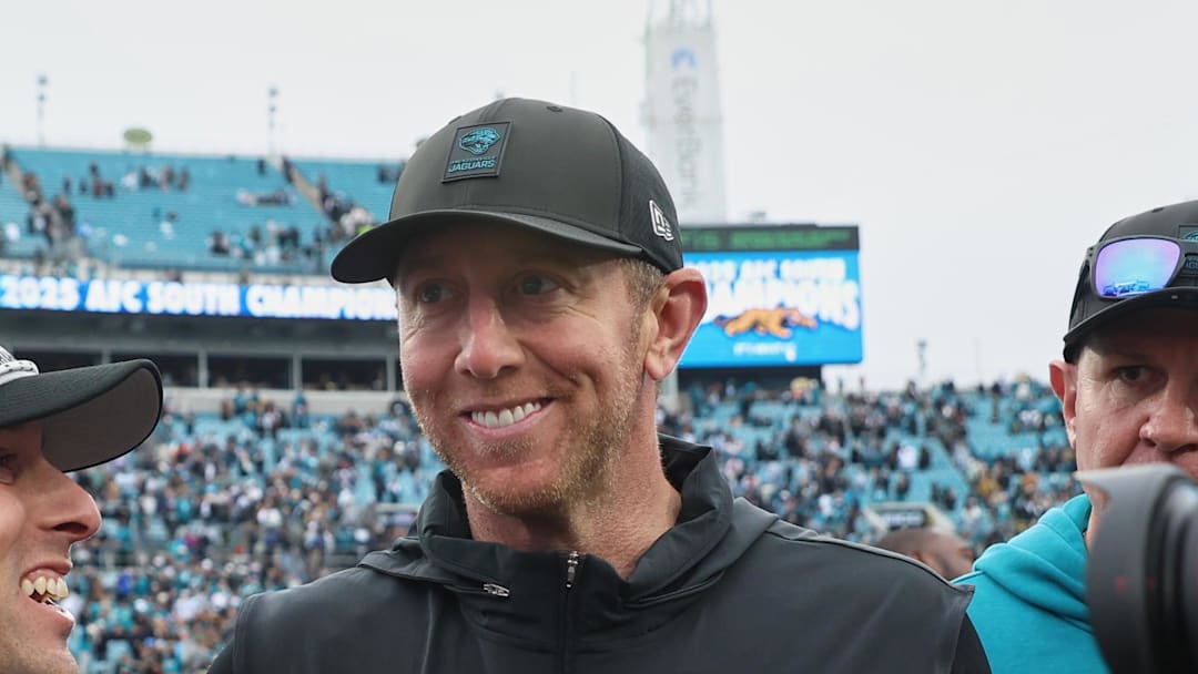 Jan 4, 2026; Jacksonville, Florida, USA; Jacksonville Jaguars head coach Liam Coen celebrates on the field after the game against the Tennessee Titans at EverBank Stadium. Mandatory Credit: Morgan Tencza-Imagn Images