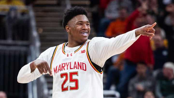 Mar 15, 2025; Indianapolis, IN, USA; Maryland Terrapins center Derik Queen (25) celebrates a made basket in the second half against the Michigan Wolverines at Gainbridge Fieldhouse. Mandatory Credit: Trevor Ruszkowski-Imagn Images