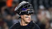 Aug 24, 2025; Phoenix, Arizona, USA; Arizona Diamondbacks catcher James McCann against the Cincinnati Reds at Chase Field. Mandatory Credit: Mark J. Rebilas-Imagn Images