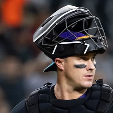 Aug 24, 2025; Phoenix, Arizona, USA; Arizona Diamondbacks catcher James McCann against the Cincinnati Reds at Chase Field. Mandatory Credit: Mark J. Rebilas-Imagn Images