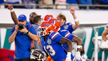 Florida Gators defensive back Alfonzo Allen Jr. (43) intercepts the ball during the second half at Raymond James Stadium in Tampa, FL on Friday, December 20, 2024 in the 2024 Union Home Mortgage Gasparilla Bowl. The Gators defeated Tulane 33-8. [Doug Engle/Gainesville Sun]