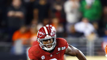 Jan 7, 2019; Santa Clara, CA, USA; Alabama Crimson Tide running back Josh Jacobs (8) against the Clemson Tigers during the 2019 College Football Playoff Championship game at Levi's Stadium. Mandatory Credit: Mark J. Rebilas-USA TODAY Sports