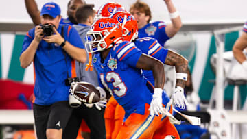 Florida Gators defensive back Alfonzo Allen Jr. (43) intercepts the ball during the second half at Raymond James Stadium in Tampa, FL on Friday, December 20, 2024 in the 2024 Union Home Mortgage Gasparilla Bowl. The Gators defeated Tulane 33-8. [Doug Engle/Gainesville Sun]