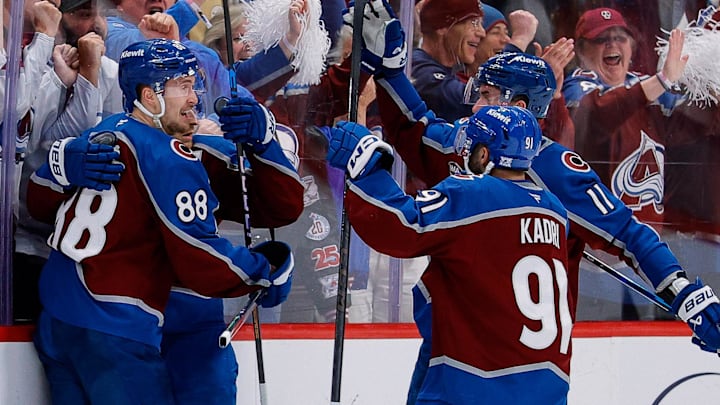 May 13, 2026; Denver, Colorado, USA; Colorado Avalanche center Nathan MacKinnon (29) celebrates his goal with center Martin Necas (88) and center Brock Nelson (11) and ]center Nazem Kadri (91) and defenseman Brent Burns (84) in the third period against the Minnesota Wild in game five of the second round of the 2026 Stanely Cup Playoffs at Ball Arena. Mandatory Credit: Isaiah J. Downing-Imagn Images
