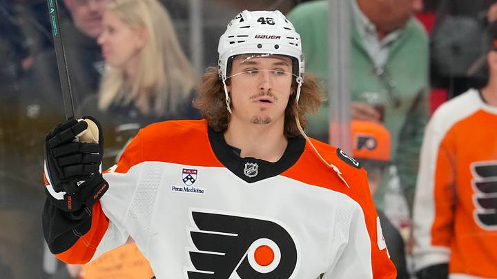 May 2, 2026; Raleigh, North Carolina, USA; Philadelphia Flyers center Trevor Zegras (46) looks on during the warmups before the game against the Carolina Hurricanes at Lenovo Center. Mandatory Credit: James Guillory-Imagn Images