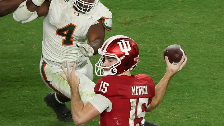 Indiana Hoosiers quarterback Fernando Mendoza and Miami pass-rusher Rueben Bain Jr.