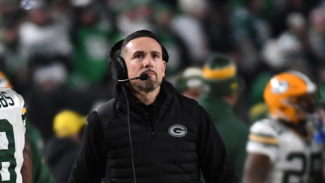 Jan 12, 2025; Philadelphia, Pennsylvania, USA; Green Bay Packers head coach Matt LeFleur reacts during the second half in an NFC wild card game at Lincoln Financial Field. Mandatory Credit: Eric Hartline-Imagn Images