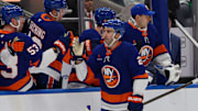 Mar 1, 2025; Elmont, New York, USA;  New York Islanders center Kyle Palmieri (21) celebrates his goal against the Nashville Predators during the first period at UBS Arena. Mandatory Credit: Thomas Salus-Imagn Images