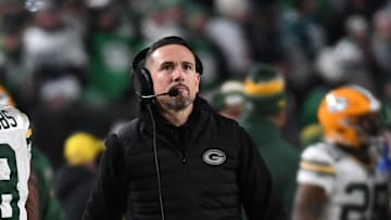 Jan 12, 2025; Philadelphia, Pennsylvania, USA; Green Bay Packers head coach Matt LeFleur reacts during the second half in an NFC wild card game at Lincoln Financial Field. Mandatory Credit: Eric Hartline-Imagn Images