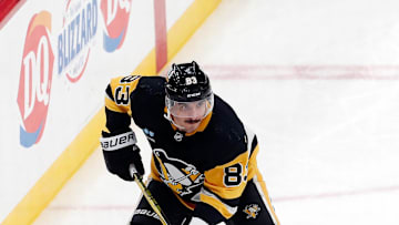 Nov 22, 2023; Pittsburgh, Pennsylvania, USA;  Pittsburgh Penguins left wing Matt Nieto (83) skates with the puck against the New York Rangers during the third period at PPG Paints Arena. Mandatory Credit: Charles LeClaire-Imagn Images