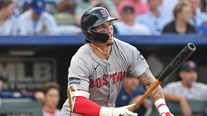 Boston Red Sox left fielder Jarren Duran (16) drives in a run with a fielders choice in the second inning against the Kansas City Royals at Kauffman Stadium on Aug 5.