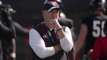 Texas Tech's head football coach Joey McGuire pauses during a drill at a spring football practice, Thursday, March 21, 2024, at Sports Performance Center.