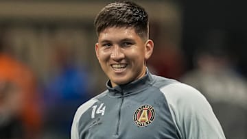 May 31, 2023; Atlanta, Georgia, USA; Atlanta United midfielder Franco Ibarra (14) shown during warm up prior to the match against the New England Revolution at Mercedes-Benz Stadium. Mandatory Credit: Dale Zanine-Imagn Images