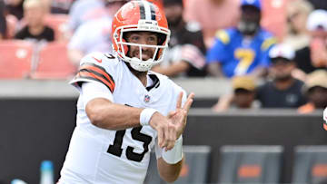 Cleveland Browns quarterback Joe Flacco (15) throws a pass during the first quarter against the Los Angeles Rams at Huntington Bank Field.