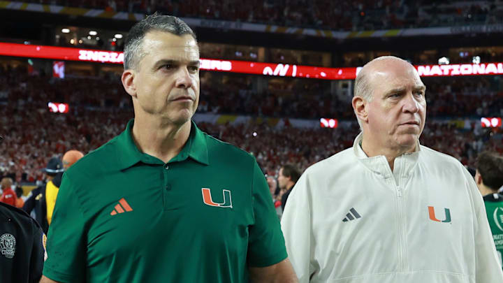 Jan 19, 2026; Miami Gardens, FL, USA; Miami Hurricanes head coach Mario Cristobal reacts after the College Football Playoff National Championship game at Hard Rock Stadium. Mandatory Credit: Mark J. Rebilas-Imagn Images