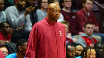 Feb 13, 2024; Blacksburg, Virginia, USA; Florida State Seminoles head coach Leonard Hamilton during the first half  at Cassell Coliseum. Mandatory Credit: Brian Bishop-Imagn Images