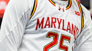 Maryland center Derik Queen (25) celebrates a play against Michigan during the second half of Big Ten Tournament semifinal at Gainbridge Fieldhouse in Indianapolis, Ind. on Saturday, March 15, 2025.