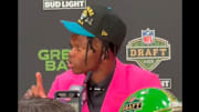 Newly drafted two-way star for the Jacksonville Jaguars Travis Hunter pauses his press conference.