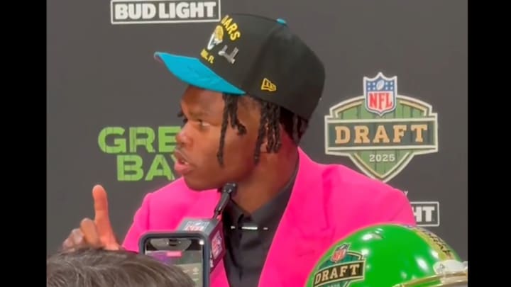 Newly drafted two-way star for the Jacksonville Jaguars Travis Hunter pauses his press conference. Newly drafted two-way star for the Jacksonville Jaguars Travis Hunter pauses his press conference.