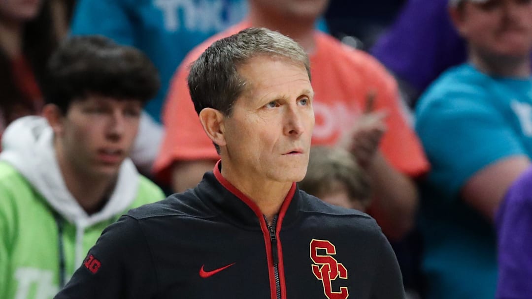 Feb 8, 2026; University Park, Pennsylvania, USA; Southern California Trojans head coach Eric Musselman looks on from the bench during the second half against the Penn State Nittany Lions at Bryce Jordan Center. Mandatory Credit: Matthew O'Haren-Imagn Images