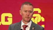 Jul 24, 2025; Las Vegas, NV, USA; USC head coach Lincoln Riley speaks to the media during the Big Ten NCAA college football media days at Mandalay Bay Resort. Mandatory Credit: Lucas Peltier-Imagn Images