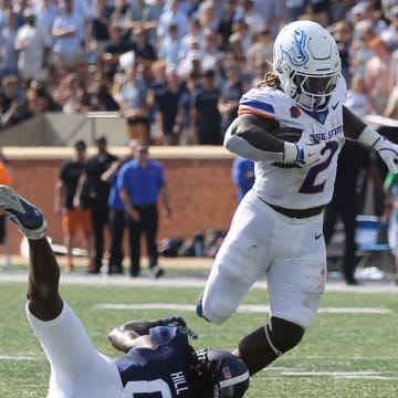 Aug 31, 2024; Statesboro, Georgia, USA; Boise State Broncos running back Ashton Jeanty (2) gains yardage against the Georgia Southern Eagles at Paulson Stadium. Mandatory Credit: Richard Burkhart/Savannah Morning News-USA TODAY Sports