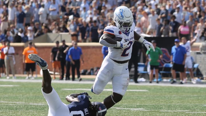 Aug 31, 2024; Statesboro, Georgia, USA; Boise State Broncos running back Ashton Jeanty (2) gains yardage against the Georgia Southern Eagles at Paulson Stadium. Mandatory Credit: Richard Burkhart/Savannah Morning News-USA TODAY Sports